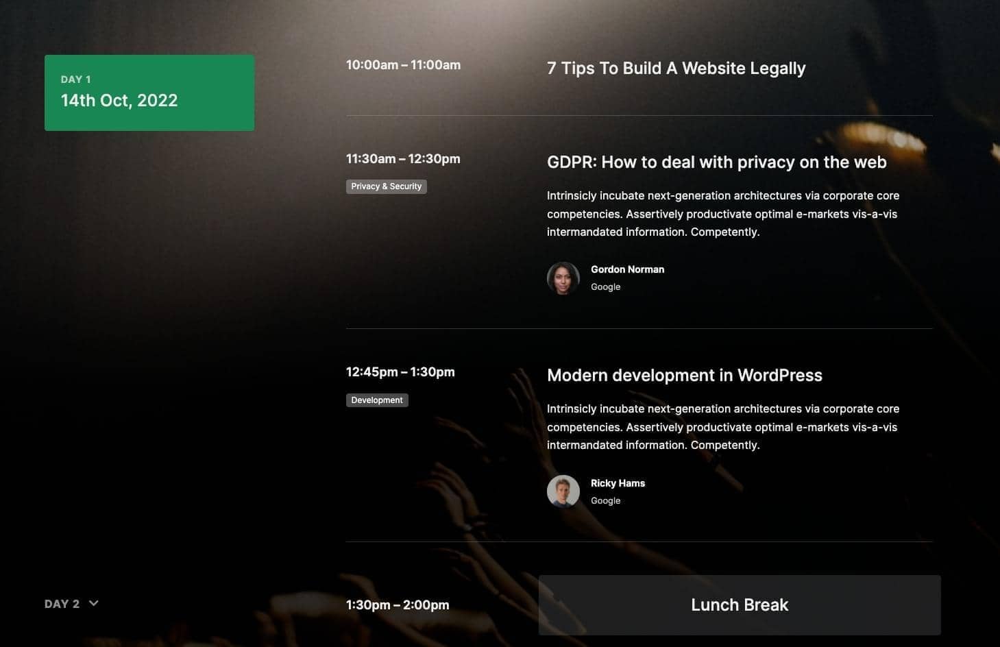 Canvas Event Schedule on sticky block layout preview