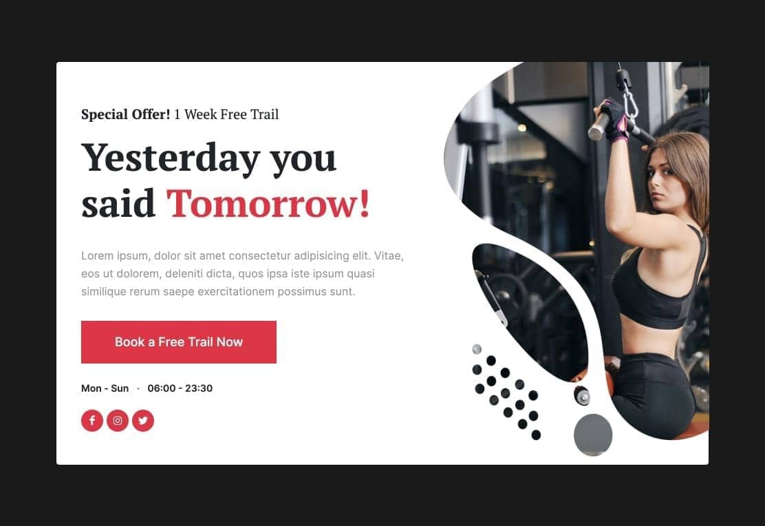 Canvas Gym Popup Banner block layout preview